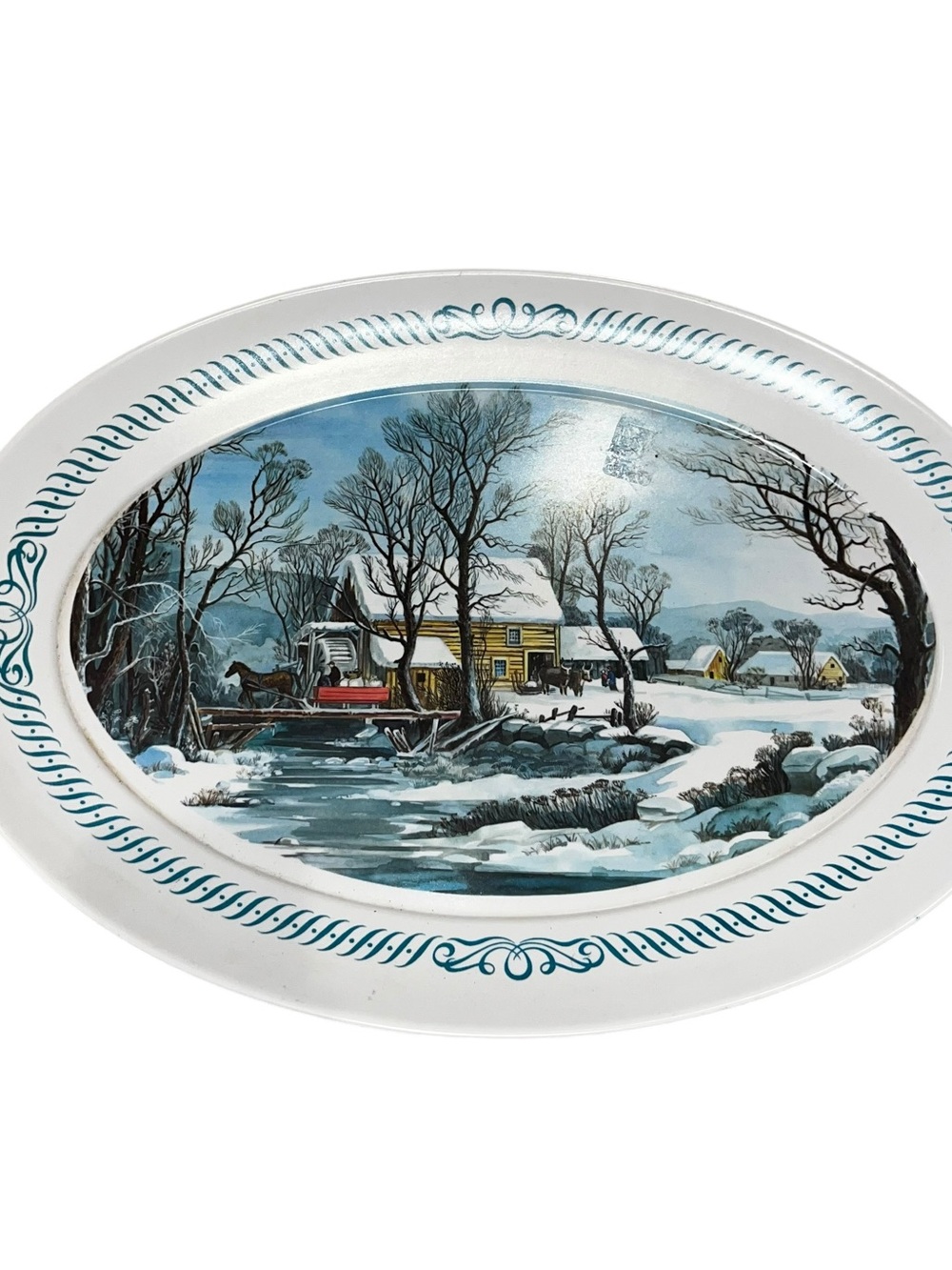 Vintage Brookpark Winter Scene Melamine Melmac Oval serving Platter horse